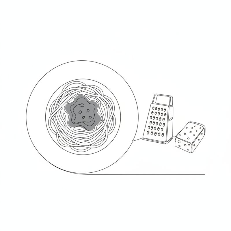 Ilustracja: talerz spaghetti z gęstym sosem obok tarki i kawałka twardego sera