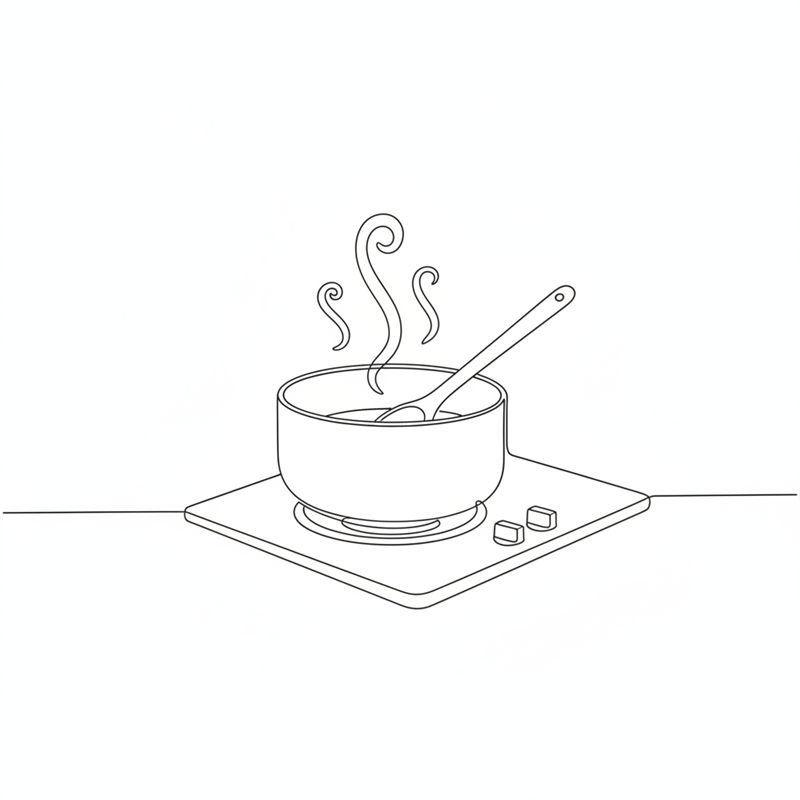Ilustracja: mały rondel z sosem pomidorowym gotuje się na kuchence