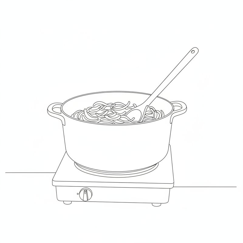 Ilustracja: cebula duszona w garnku z drewnianą łyżką