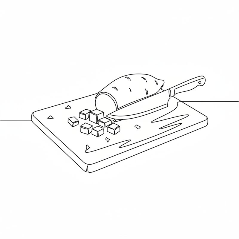 Ilustracja: batat krojony na mniejsze kawałki na desce