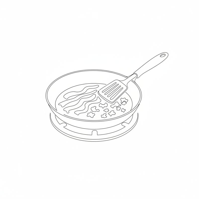 Ilustracja: plastry boczku i mięso mielone smażone na patelni
