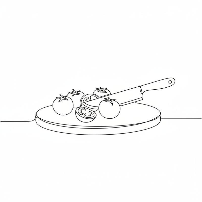 Ilustracja: pomidorki koktajlowe przekrawane na pół na desce