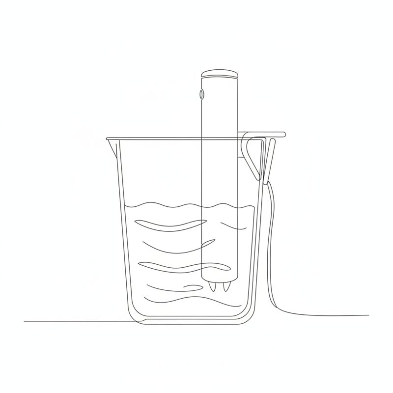 Ilustracja: pojemnik sous vide z wodą i cyrkulatorem przypiętym do krawędzi