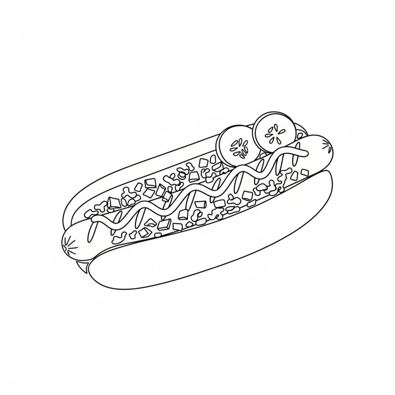 Ilustracja: bułka przecięta od góry z parówką, paskami musztardy i ketchupu, zygzakiem sosu remoulade, surową i prażoną cebulką oraz plasterkami sałatki z ogórka
