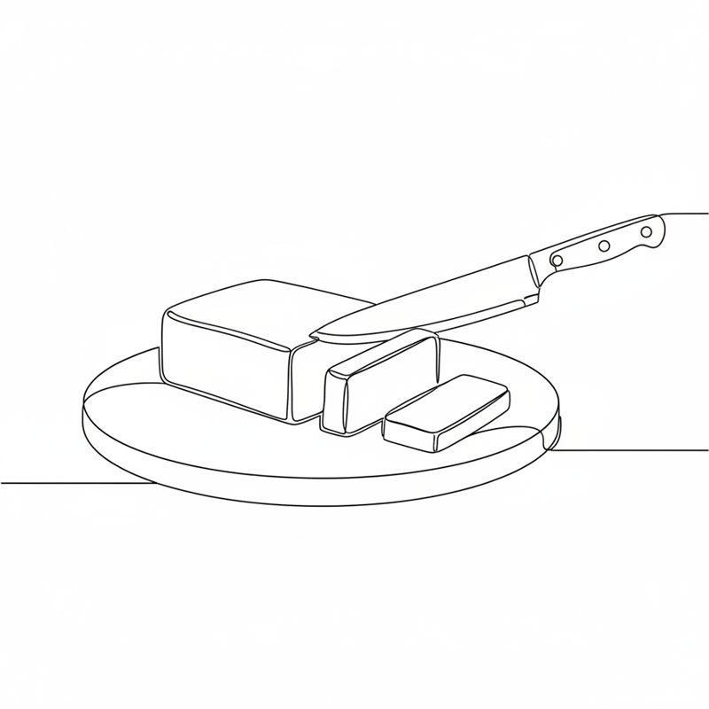 Ilustracja: kostka sera halloumi krojona nożem szefa kuchni na równe plastry na desce