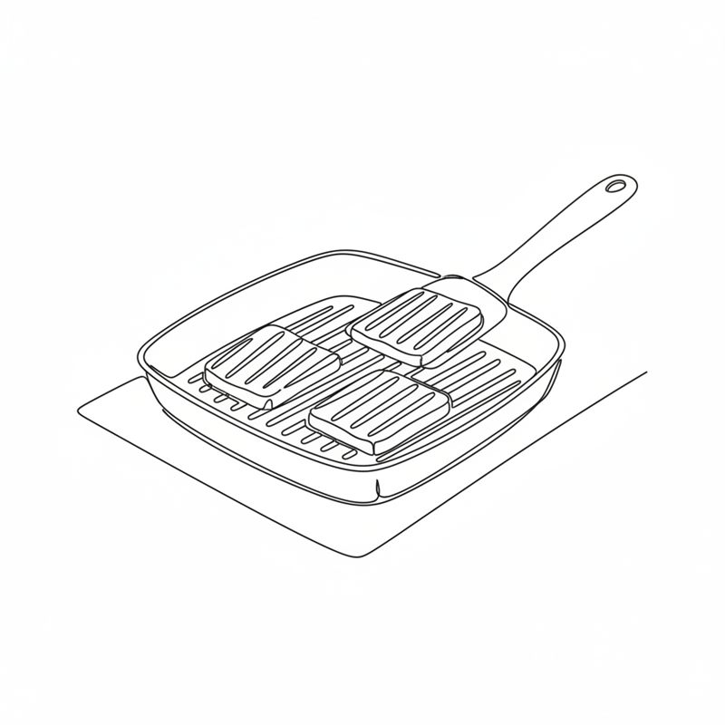 Ilustracja: plastry halloumi z wyraźnymi paskami smażą się na patelni grillowej, łopatka unosi jeden plaster