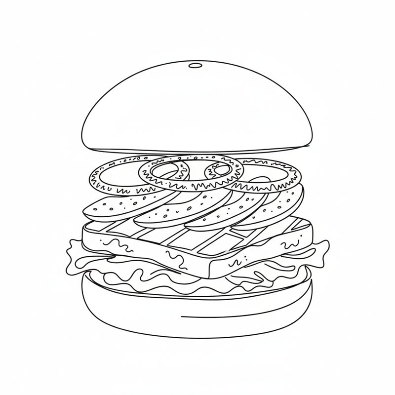 Ilustracja: burger układany warstwami – sałata, plastry halloumi, awokado i marynowana cebula, górna bułka trzymana nad nimi