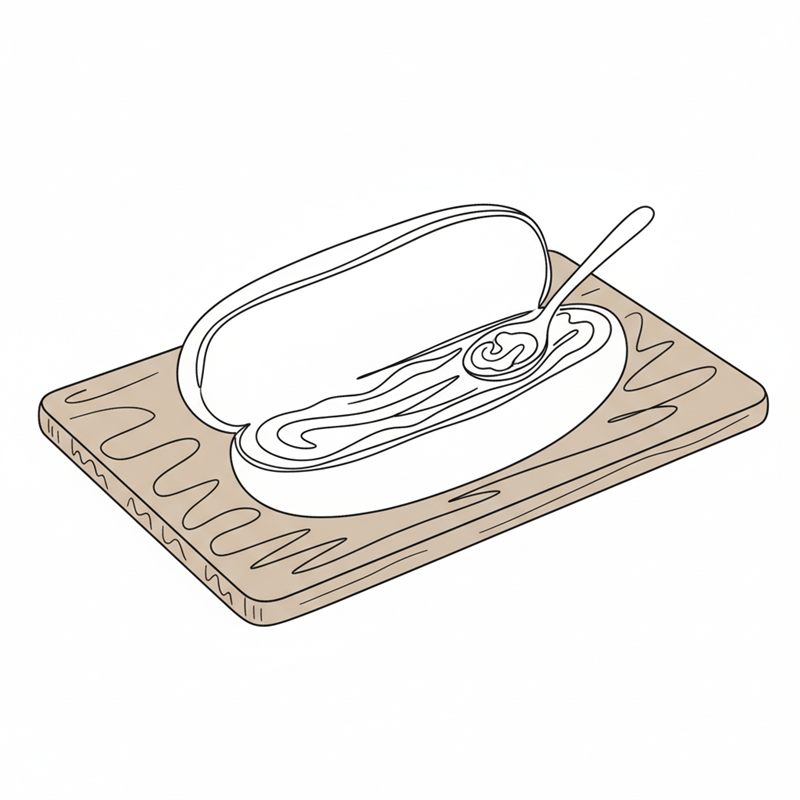 Ilustracja: remulada rozsmarowywana na dnie przekrojonej bułki do hot doga
