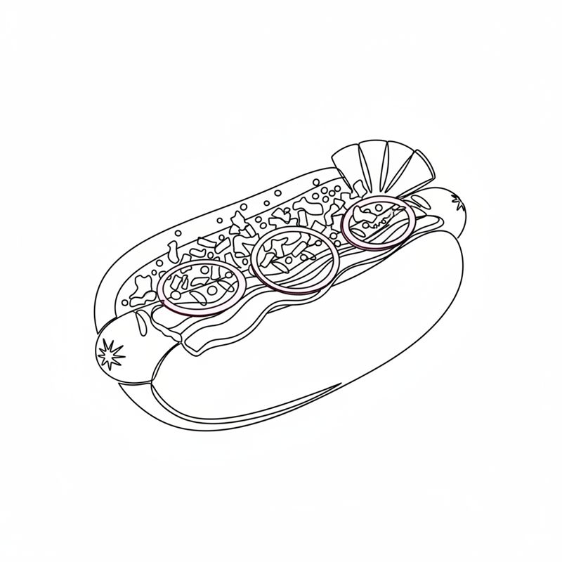 Ilustracja: gotowy hot dog z boczkiem, marynowaną cebulą, prażoną cebulką, sałatką ogórkową i gorczycą