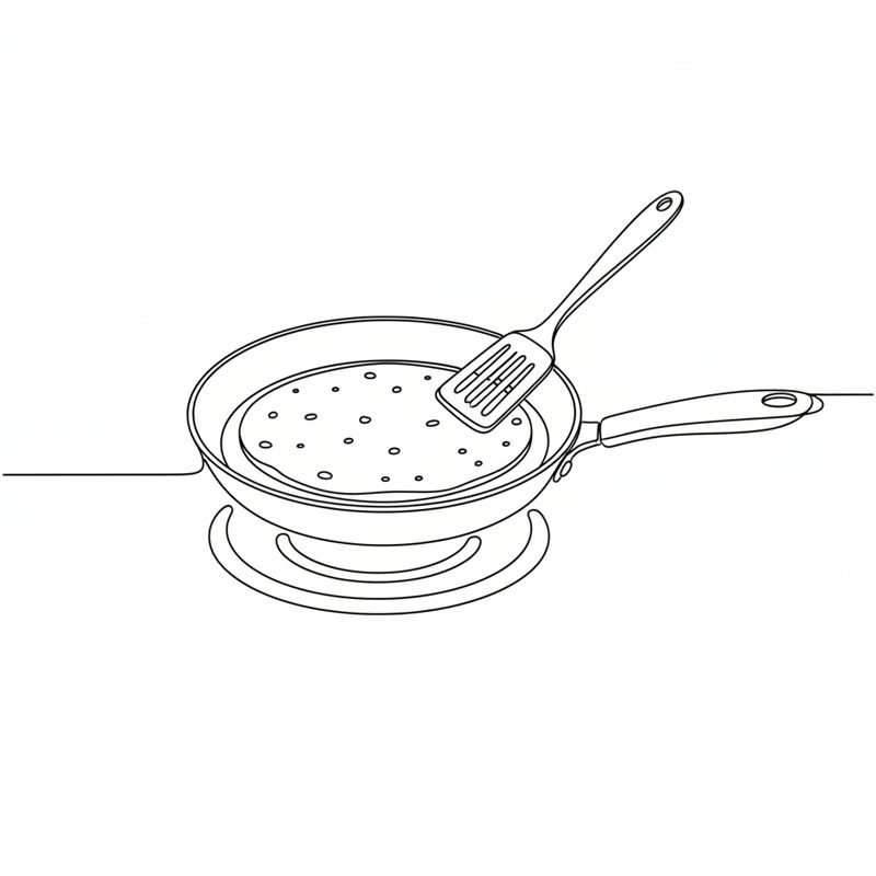 Ilustracja: cienka, okrągła tortilla przewracana łopatką na suchej patelni