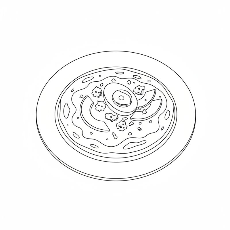 Ilustracja: tortilla na talerzu polana salsą, z przekrojonym jajkiem, plastrami awokado i pokruszonym serem