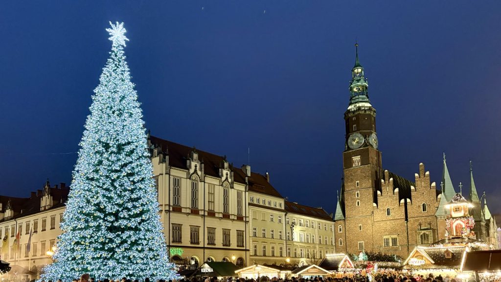 Oświetlona choinka na wrocławskim Rynku wieczorem, w tle wieża ratusza i domki jarmarczne