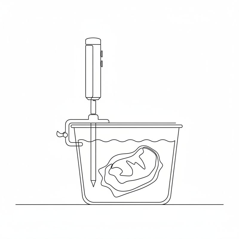 Cyrkulator sous vide przypięty do krawędzi przezroczystego pojemnika z wodą, worek próżniowy z mięsem leży na samym dnie, zanurzony w wodzie.