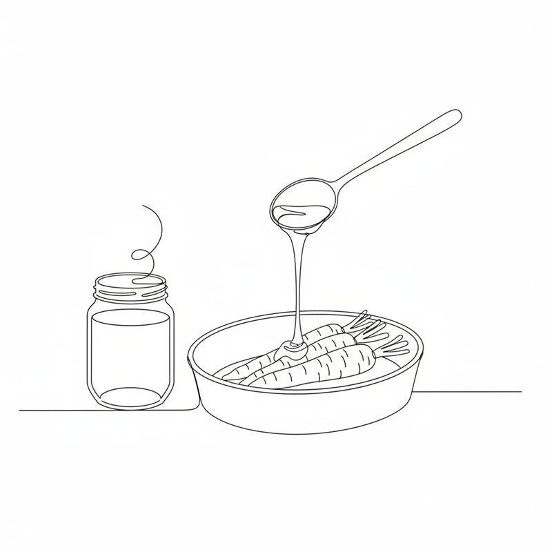 Ilustracja: płynny miód spływa z łyżki na marchewki w naczyniu żaroodpornym