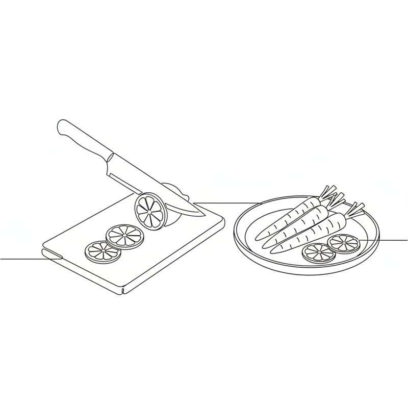 Ilustracja: nóż kroi cytrynę w plastry na desce obok naczynia z marchewkami