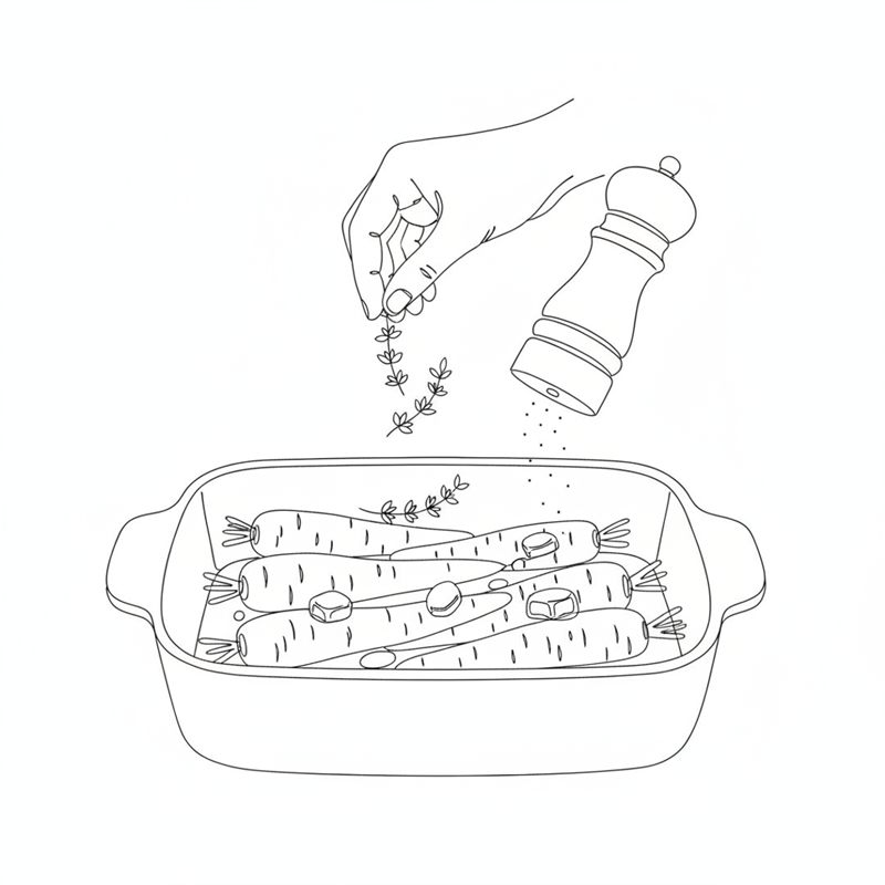 Ilustracja: świeży tymianek sypany na marchewki, kawałki masła rozkładane i młynek do pieprzu nad naczyniem