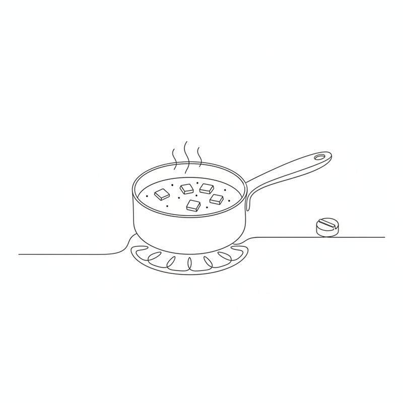 Ilustracja: kostki marchewki gotują się w małym garnku z wodą na palniku