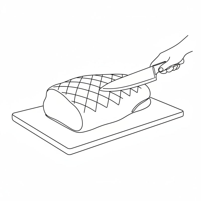Nóż nacina w kratkę warstwę tłuszczu na całym, odkostnionym kawałku mięsa leżącym na desce do krojenia.