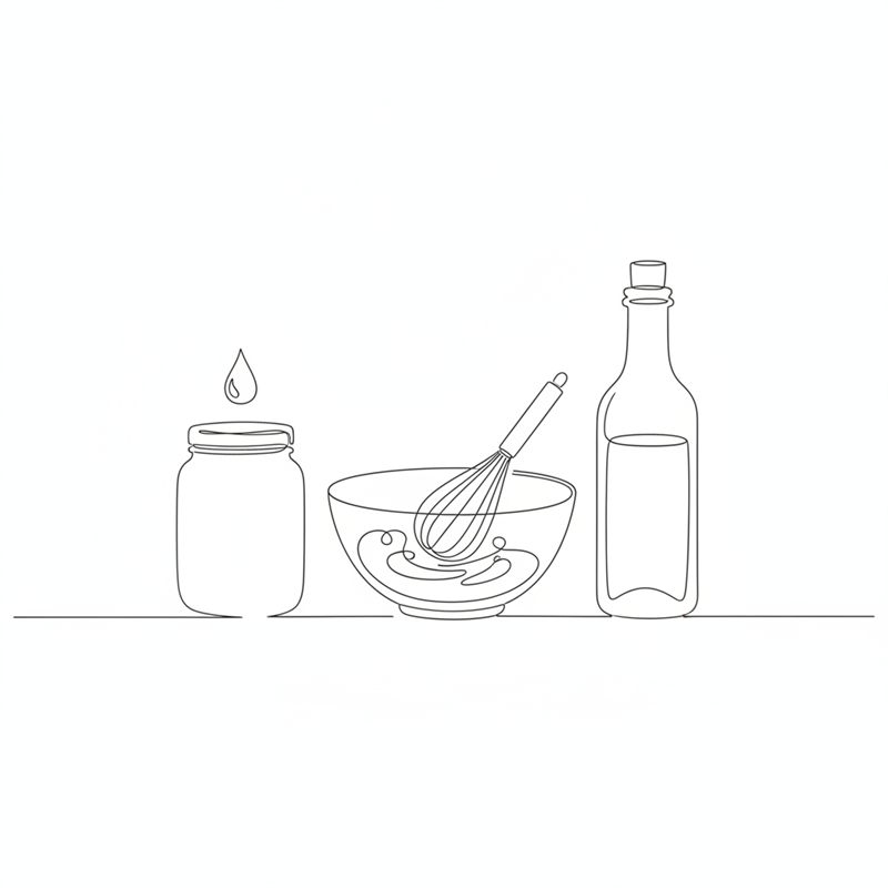 Ilustracja: trzepaczka miesza winegret w małej misce, obok słoik miodu i butelka octu