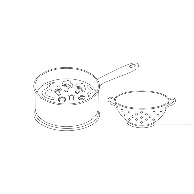 Ilustracja: różyczki brokułów i krążki pora gotują się w garnku, obok stoi sito