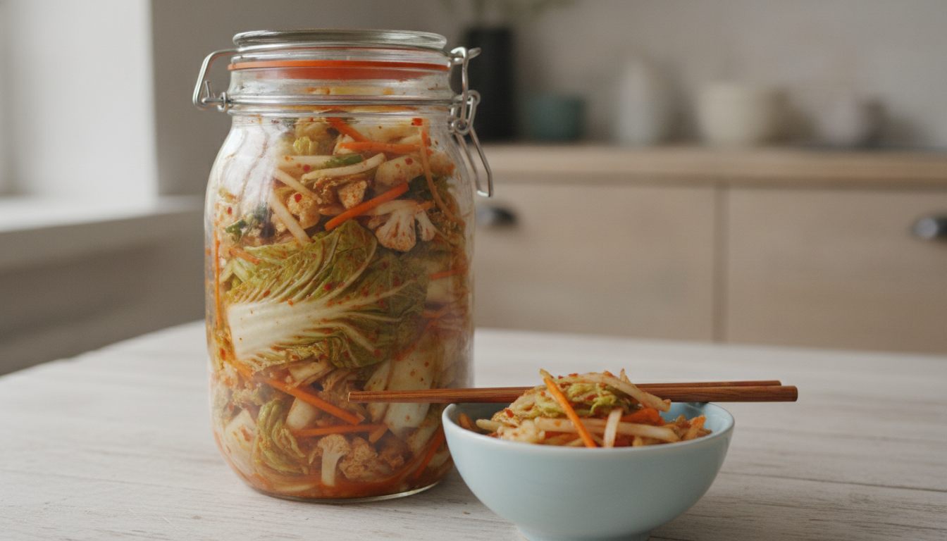 Szklany słoik z zamknięciem pałąkowym i pomarańczową gumową uszczelką, wypełniony kimchi: liście kapusty pekińskiej, różyczki kalafiora, słupki marchewki i białej rzodkwi oraz czerwone płatki chili. Po prawej jasnoniebieska miska kimchi z drewnianymi pałeczkami ułożonymi w poprzek. Jasny drewniany stół, w tle kuchnia.
